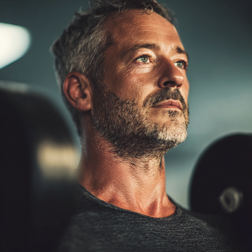 Middle-aged man focused during strength training session